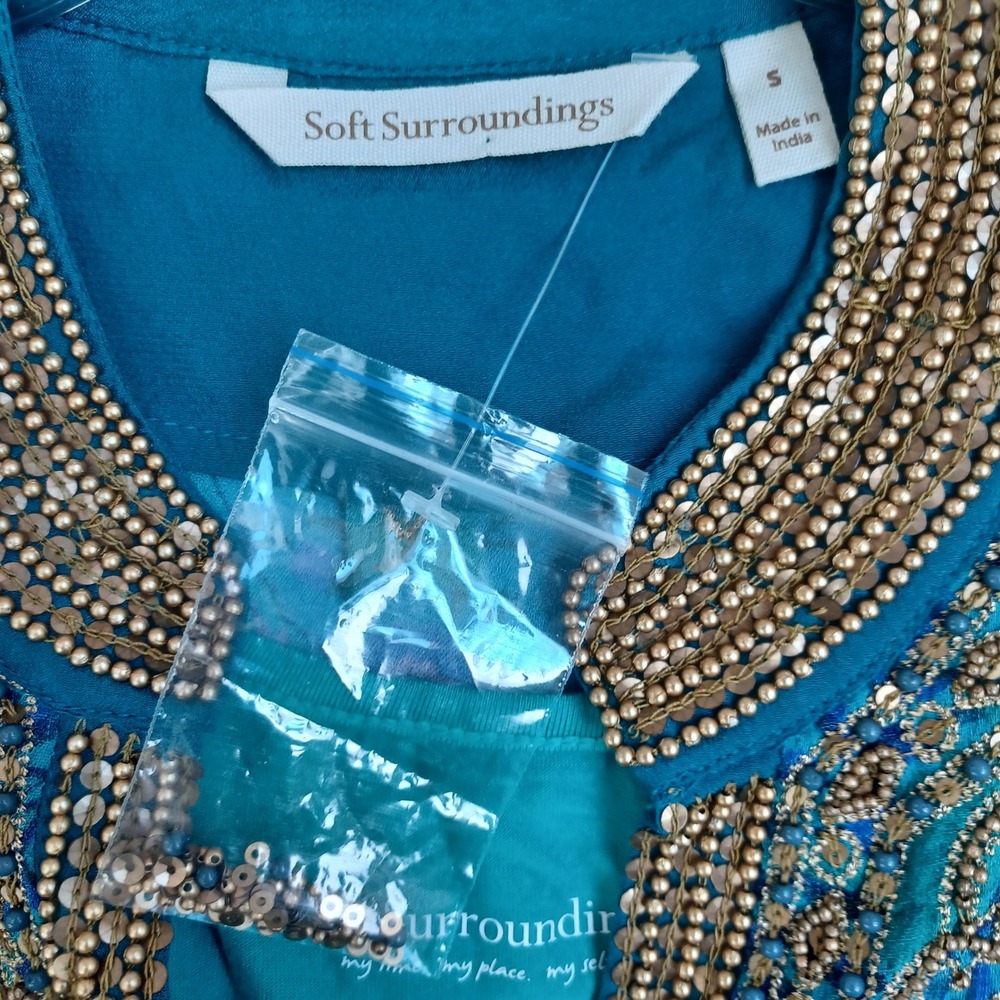 Soft Surroundings Teal Silk Blend Beaded Tunic Top Blue Paisley Boho Womens Sm - Picture 4 of 11